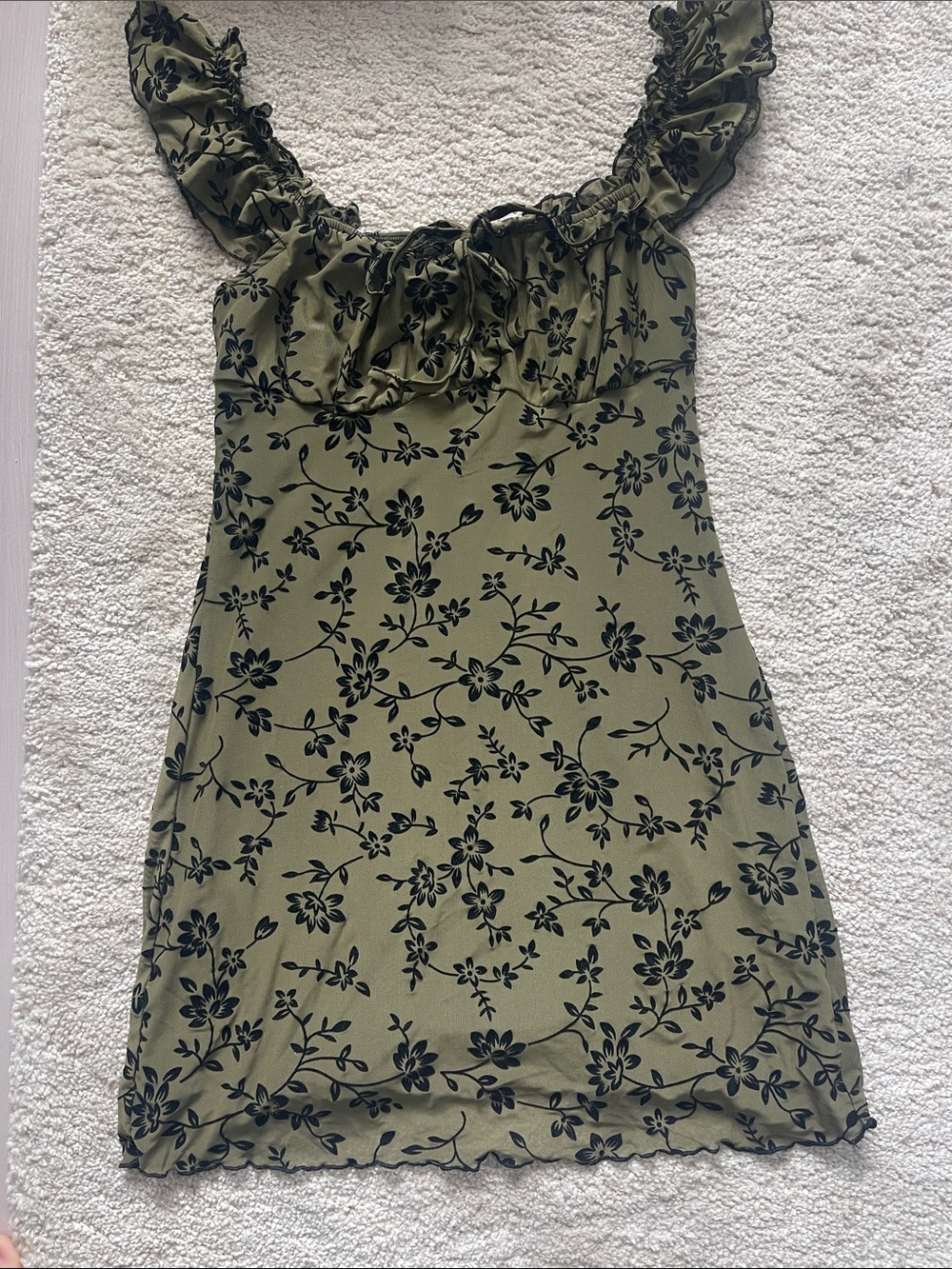 Olive Green Floral Ruffle Strap Dress